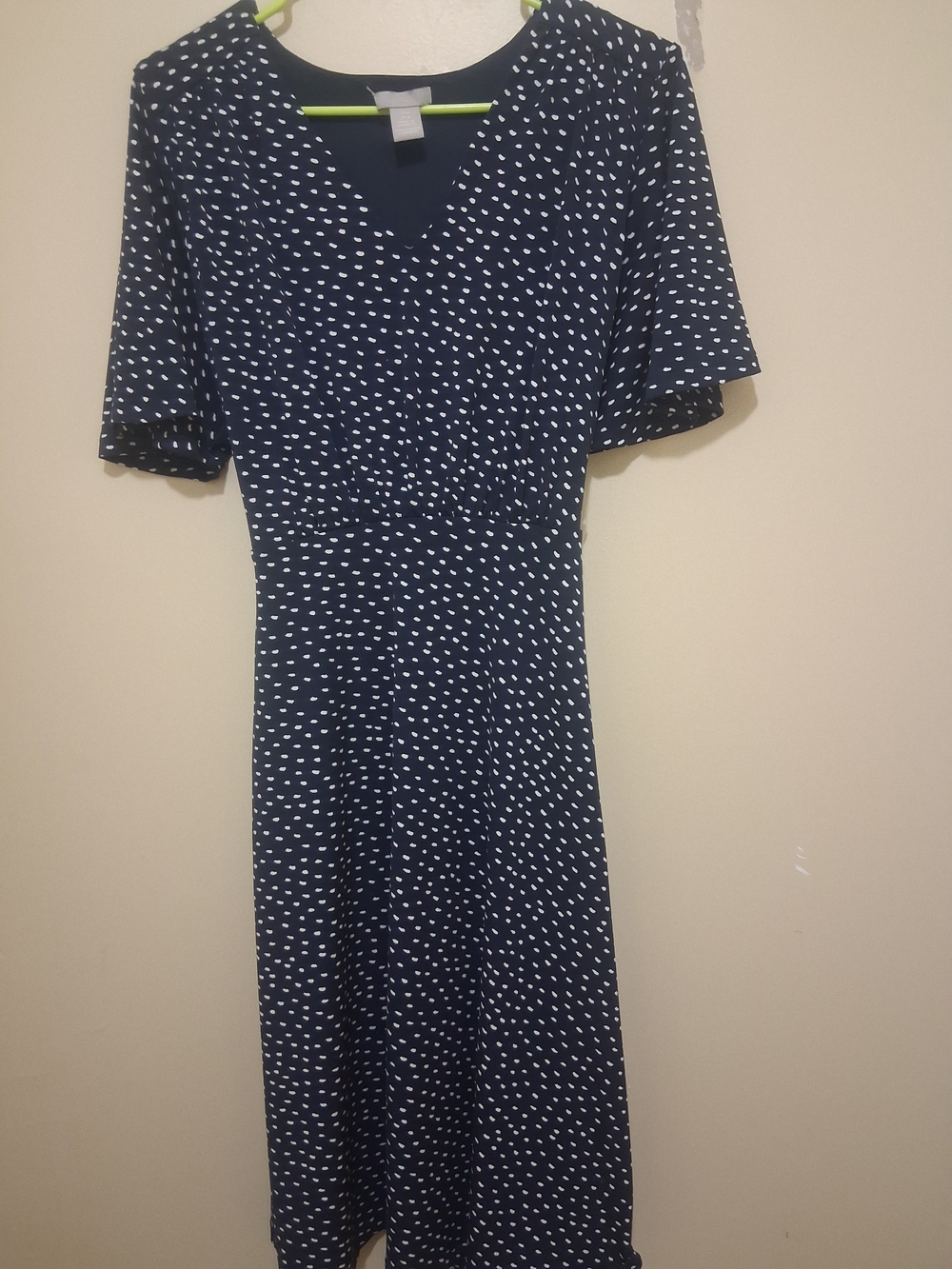 Navy Blue Polka Dot V-Neck Midi Dress